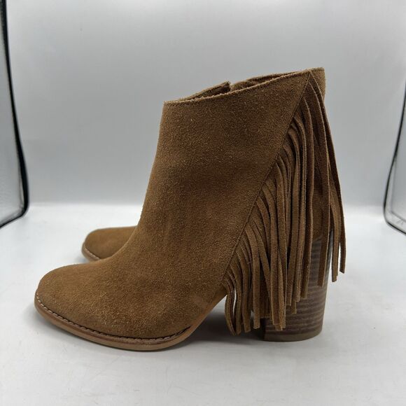 Arturo Chiang Suede Leather Fringe Chunky Heel Booties Boots Tan Camel Boho  7M - Picture 3 of 12